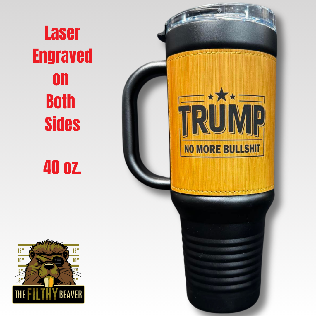 Trump No More Bullshit Travel Mug  |  40 oz Stainless Steel Leatherette Mug with Handle  |  MAGA